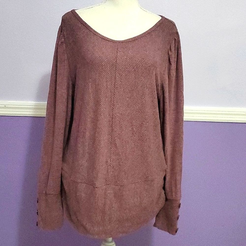 CATO Maroon Pleated Long Sleeve Buttomed Cuffs Ribbed Knit Relaxed Tunic Top L